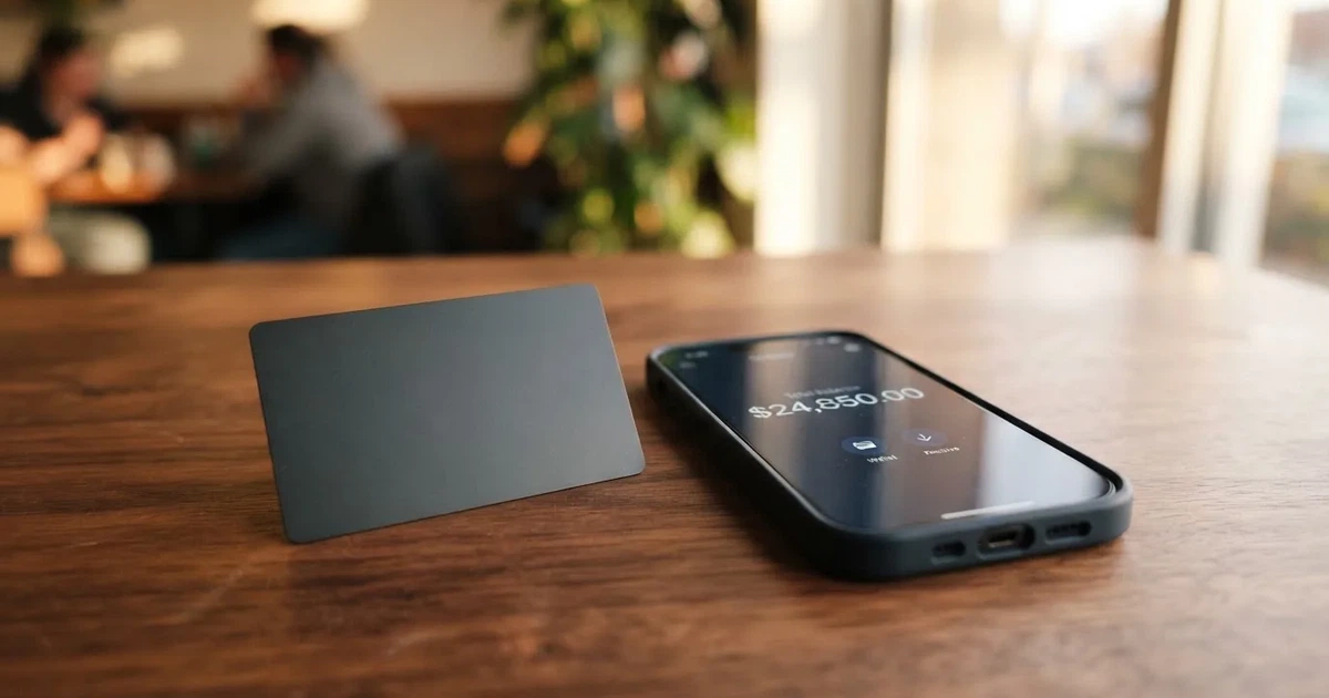 A payment card next to a phone with a crypto wallet app open