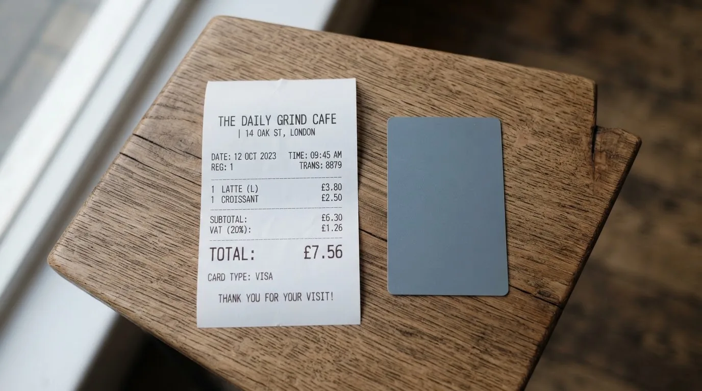 A receipt and a card on a café table