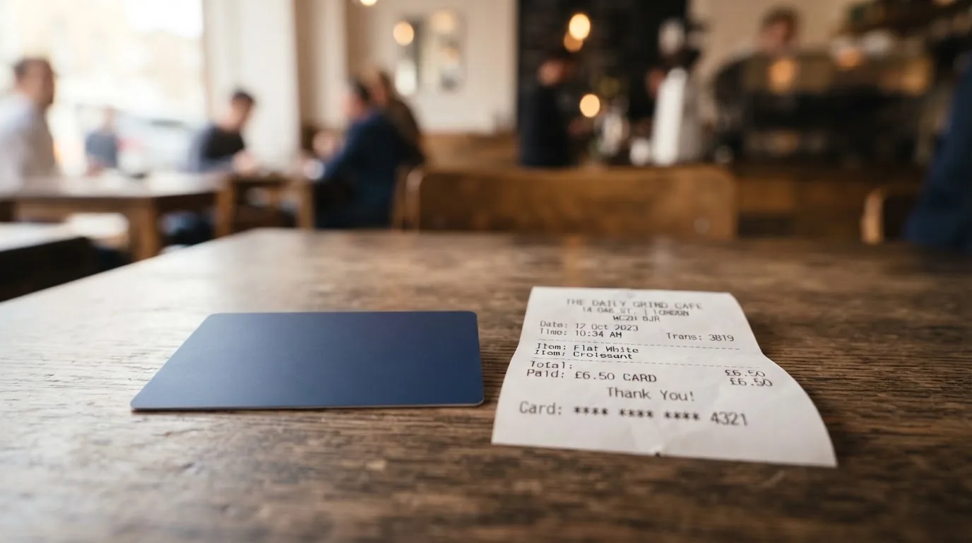 A receipt and a card on a café table