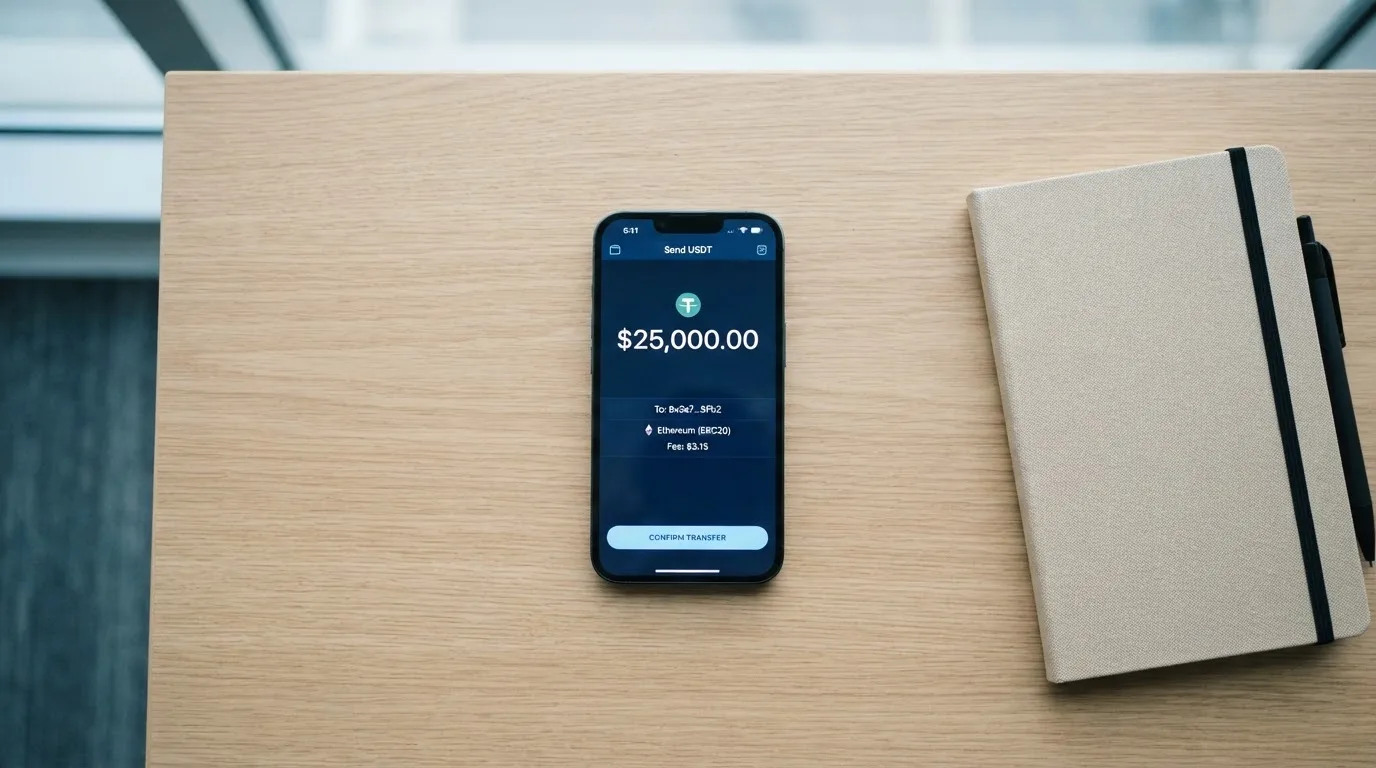 A phone showing a stablecoin transfer screen