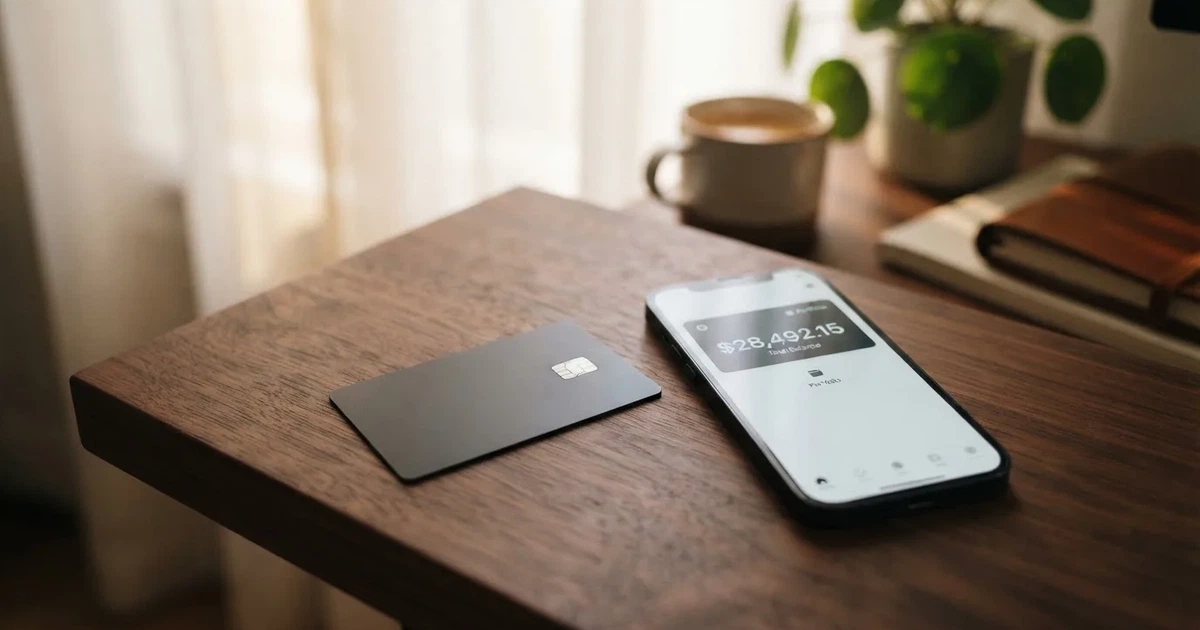 A payment card next to a phone with a crypto wallet app open