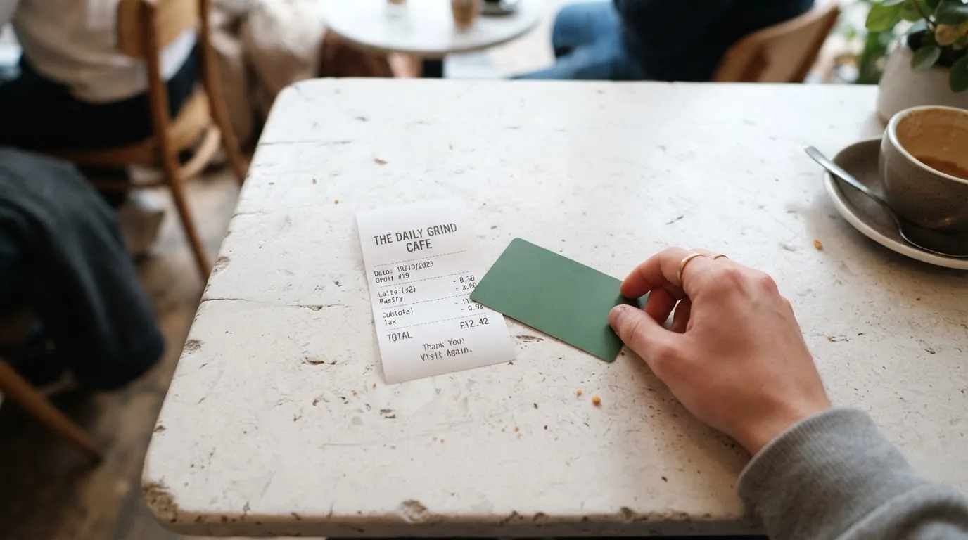 A receipt and a card on a café table