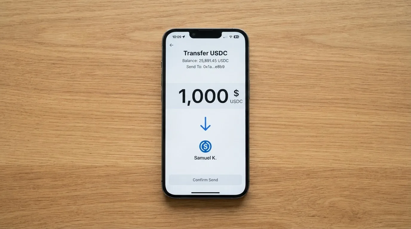 A phone showing a stablecoin transfer screen