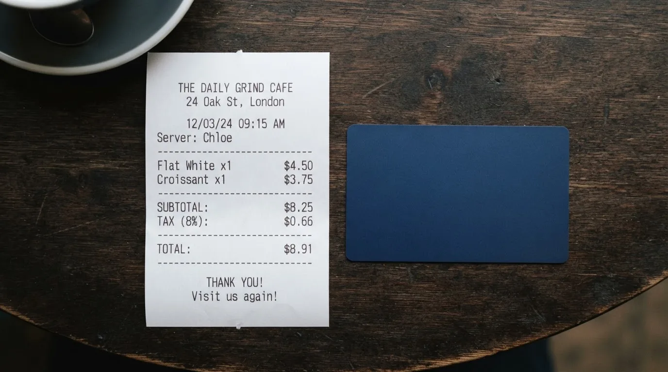 A receipt and a card on a café table