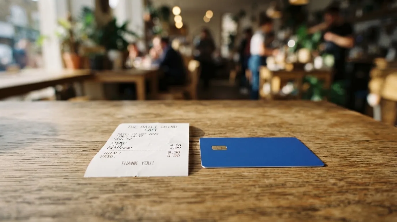 A receipt and a card on a café table