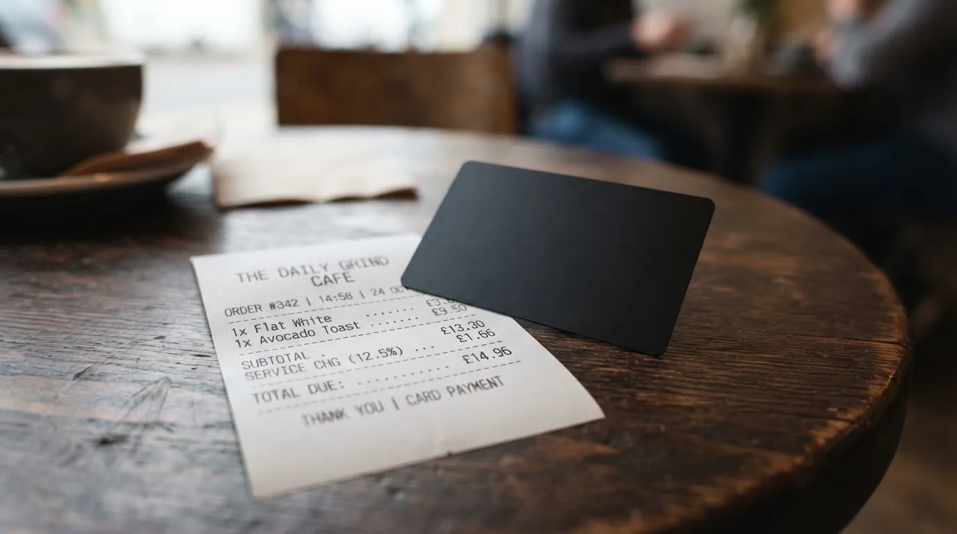A receipt and a card on a café table