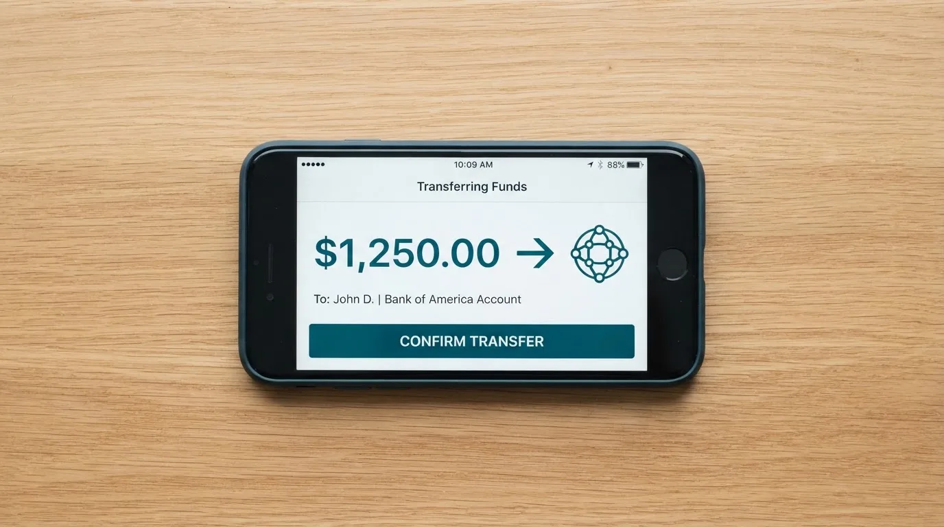 A phone showing a stablecoin transfer screen