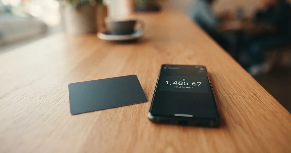 A payment card next to a phone with a crypto wallet app open