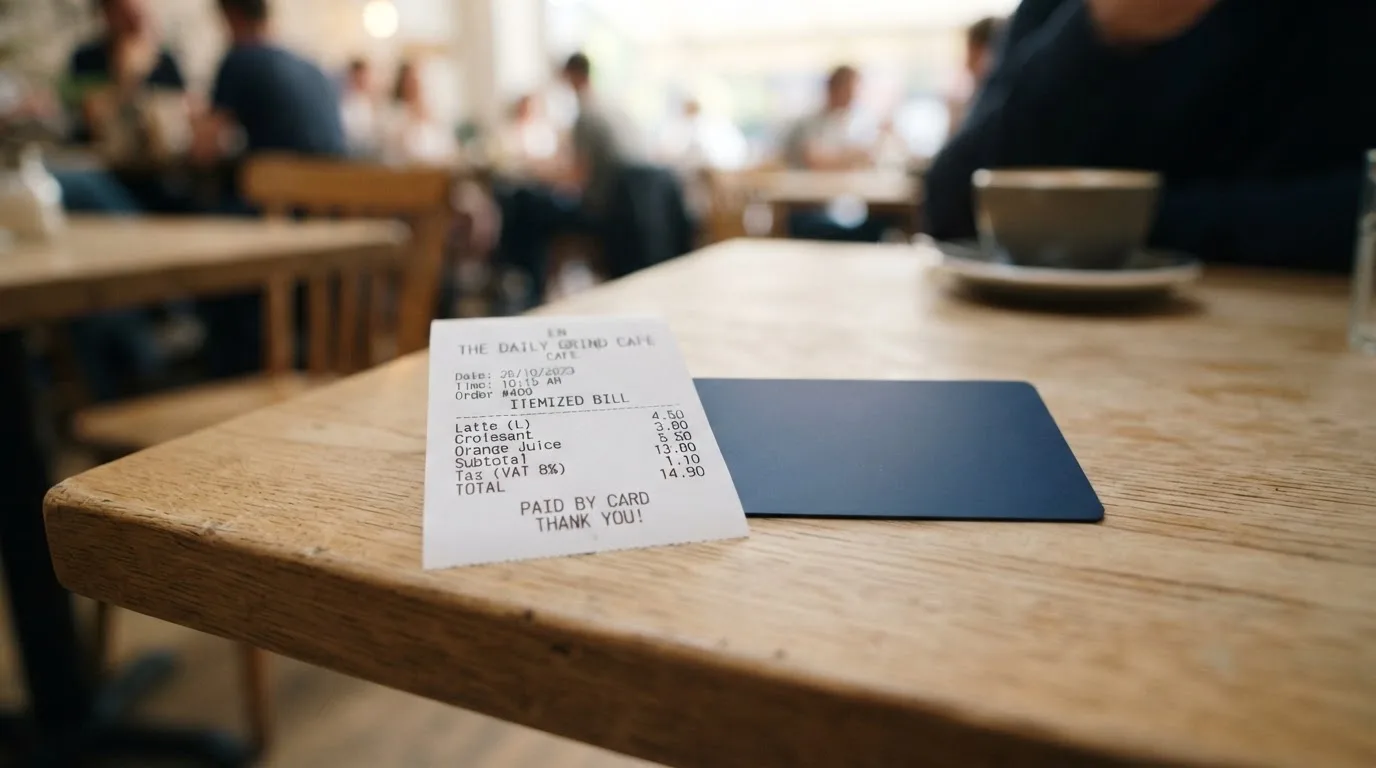 A receipt and a card on a café table