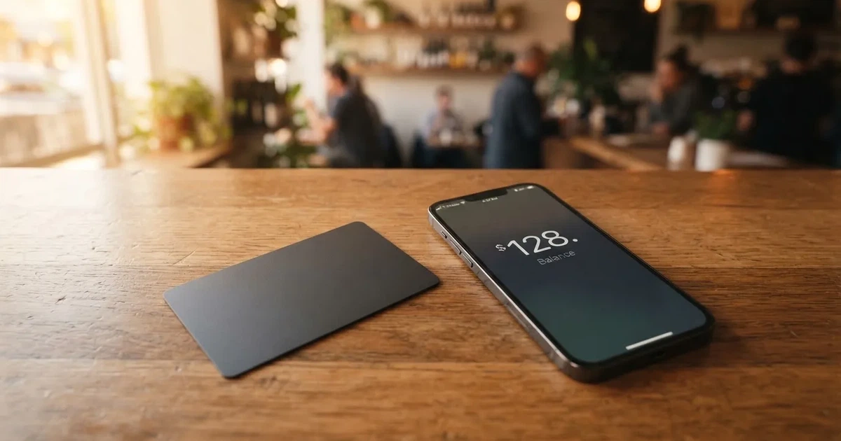 A payment card next to a phone with a crypto wallet app open