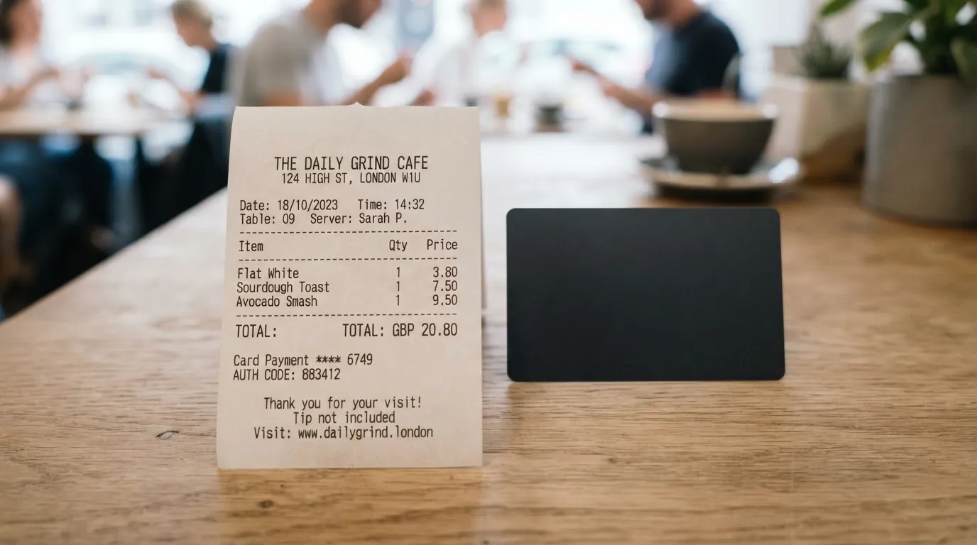 A receipt and a card on a café table
