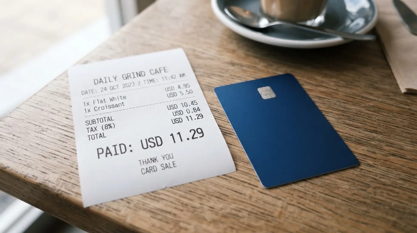 A receipt and a card on a café table