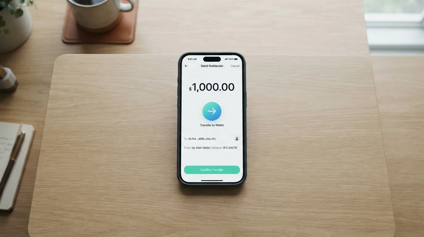 A phone showing a stablecoin transfer screen