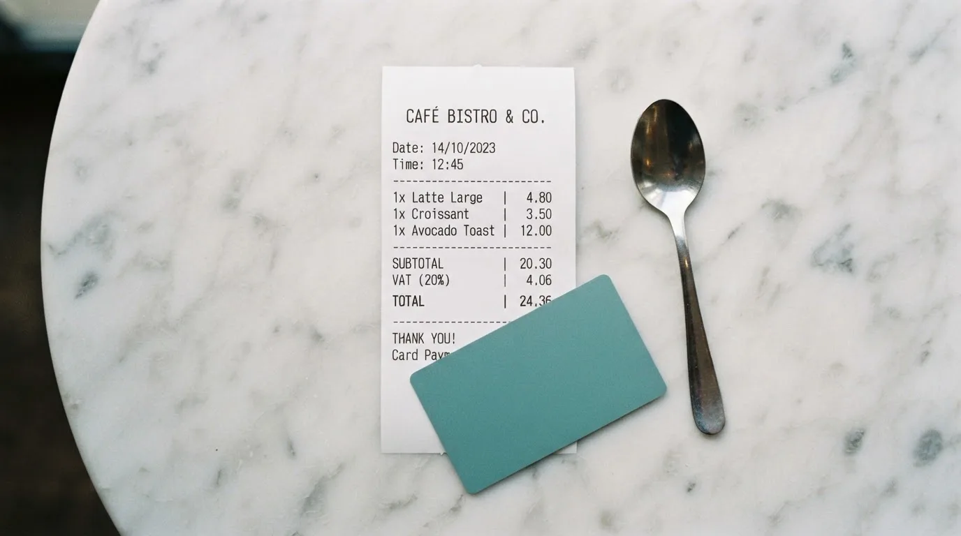 A receipt and a card on a café table