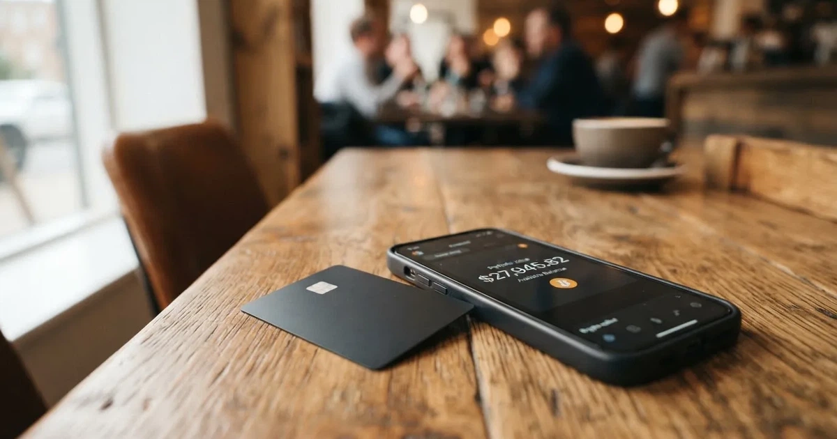 A payment card next to a phone with a crypto wallet app open