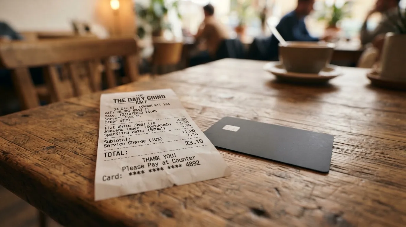 A receipt and a card on a café table