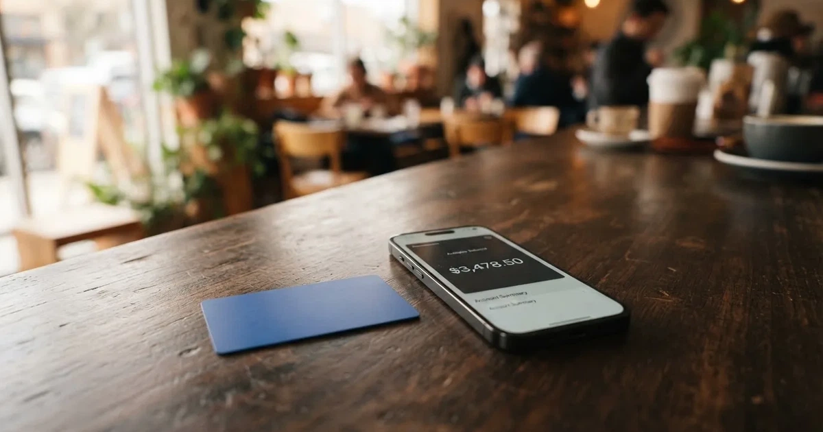 A payment card next to a phone with a crypto wallet app open