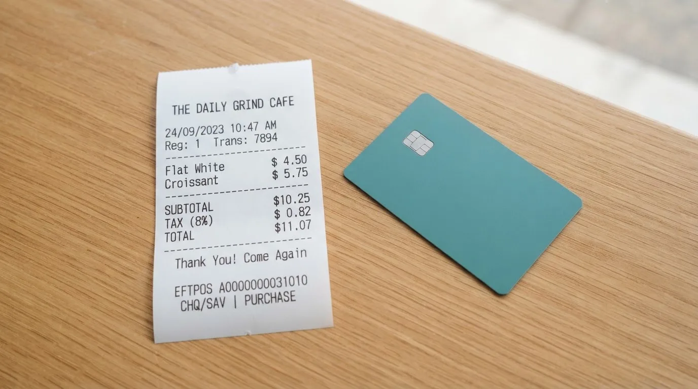 A receipt and a card on a café table