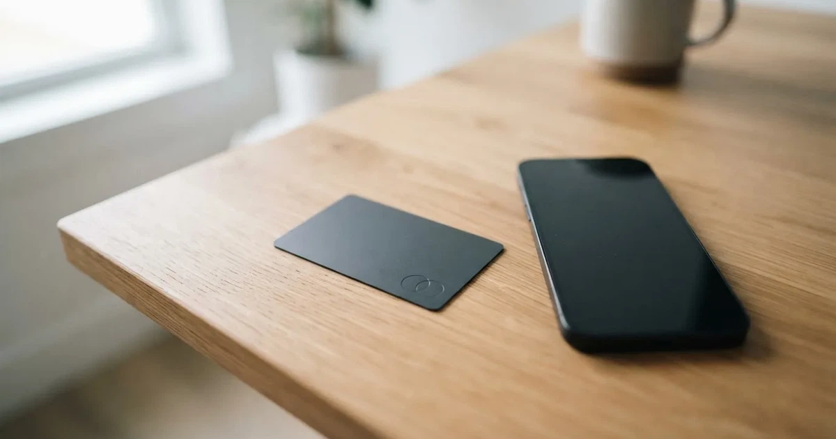 A payment card next to a phone with a crypto wallet app open
