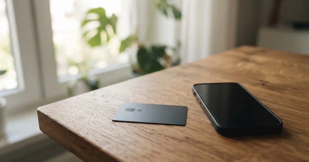 A payment card next to a phone with a crypto wallet app open