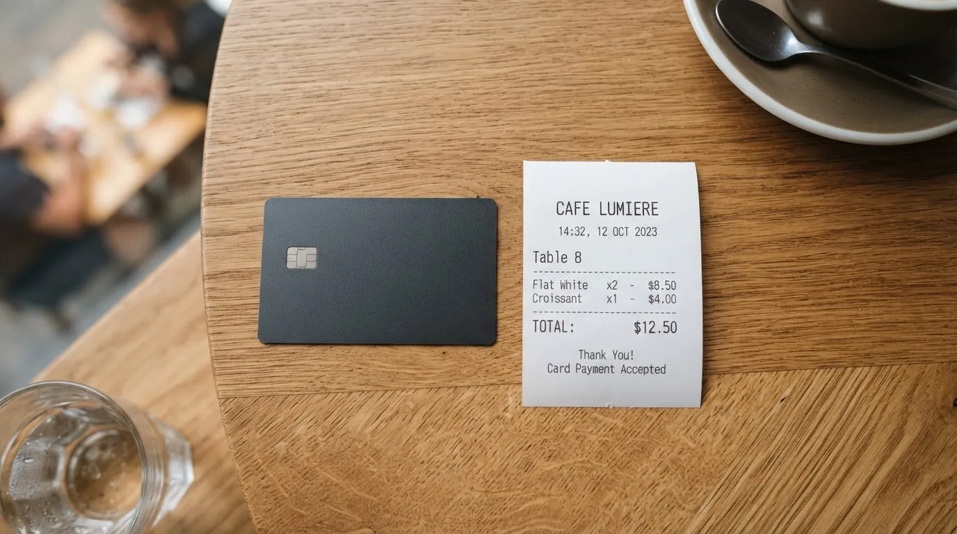 A receipt and a card on a café table