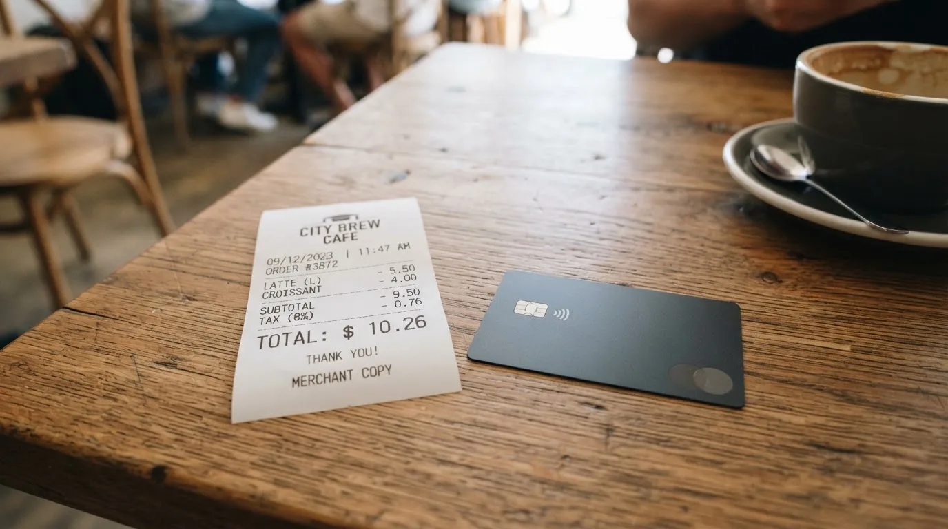 A receipt and a card on a café table