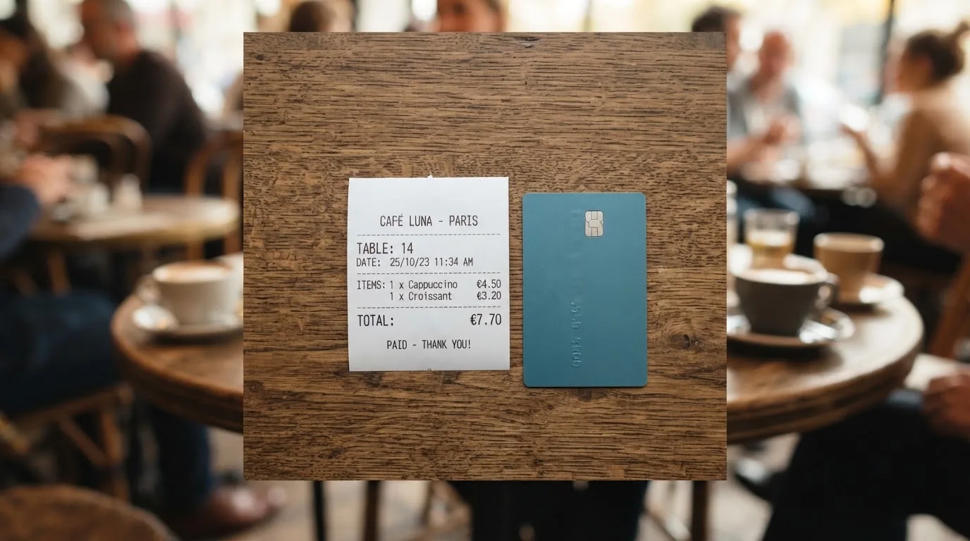 A receipt and a card on a café table