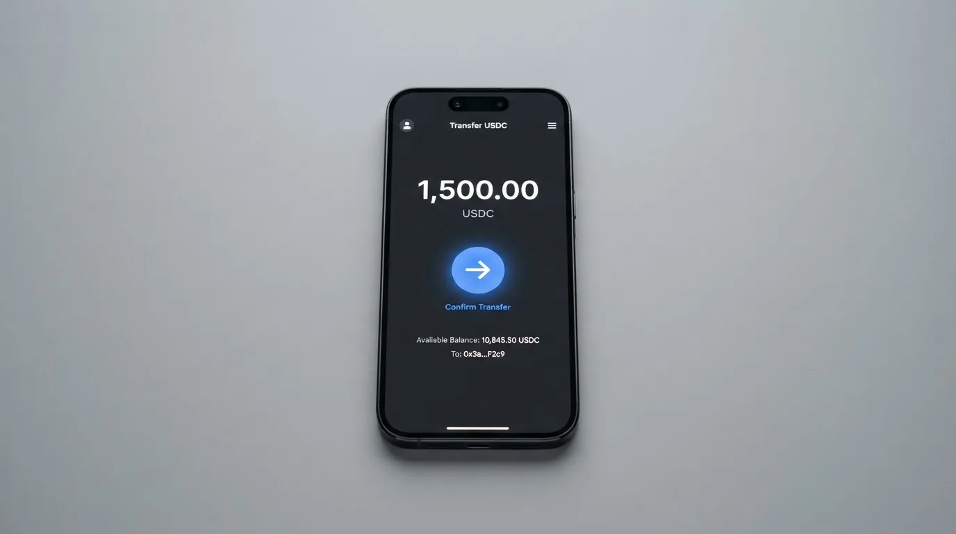 A phone showing a stablecoin transfer screen
