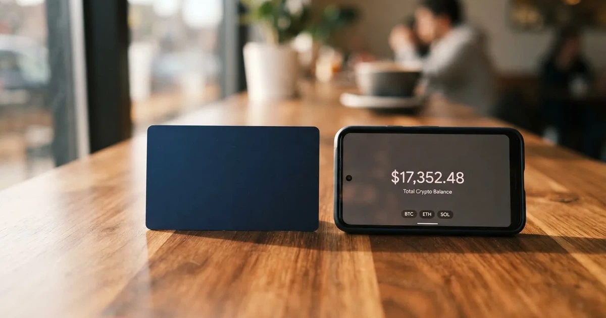 A payment card next to a phone with a crypto wallet app open