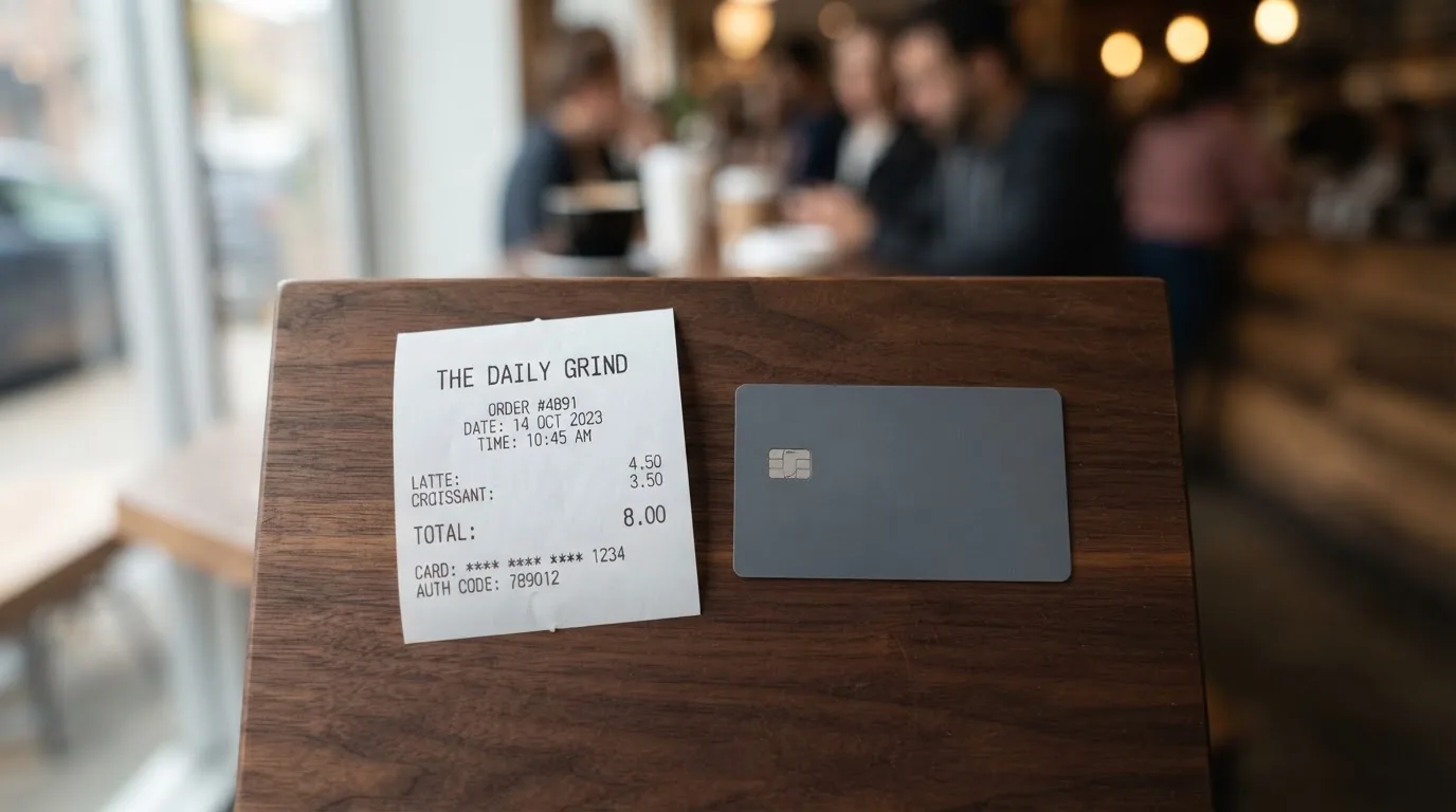 A receipt and a card on a café table
