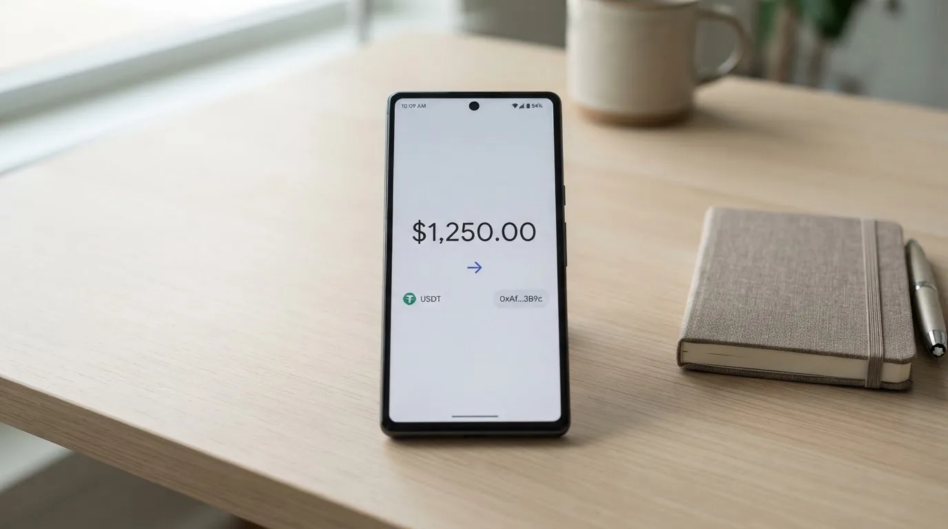 A phone showing a stablecoin transfer screen