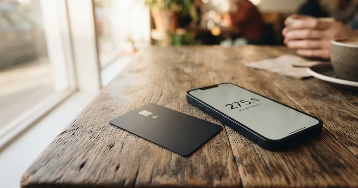 A payment card next to a phone with a crypto wallet app open