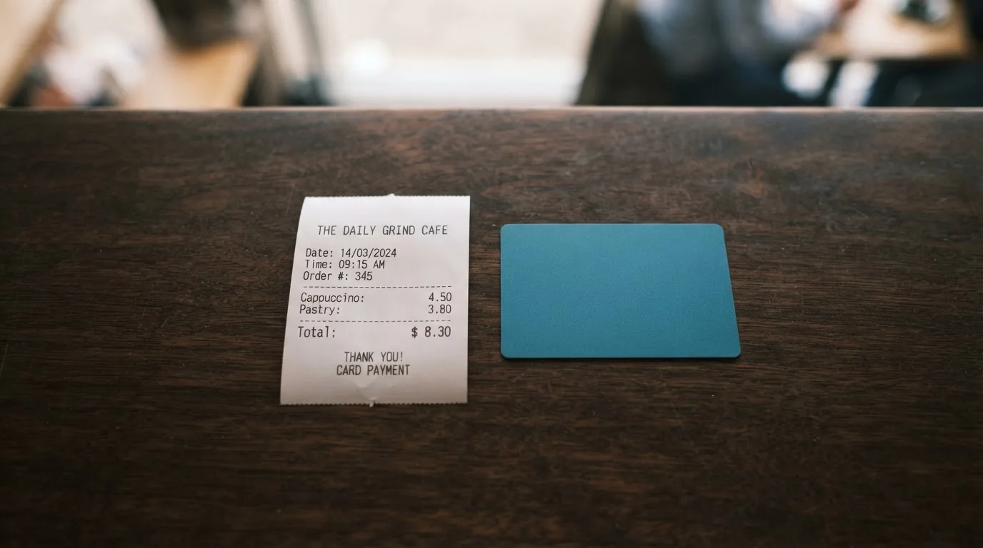 A receipt and a card on a café table