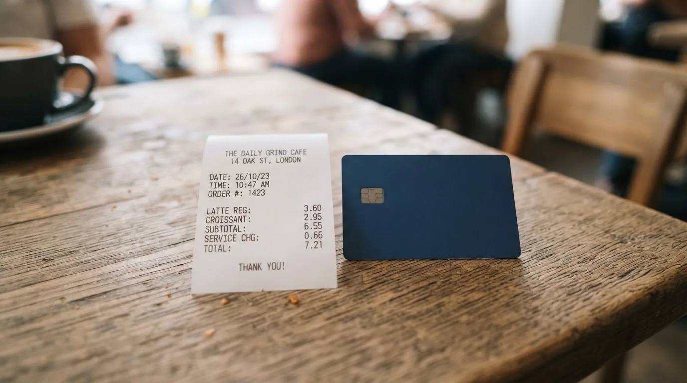 A receipt and a card on a café table