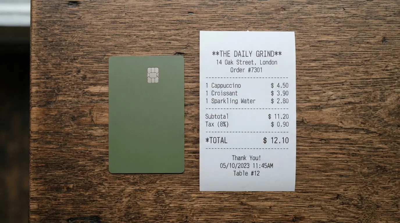 A receipt and a card on a café table