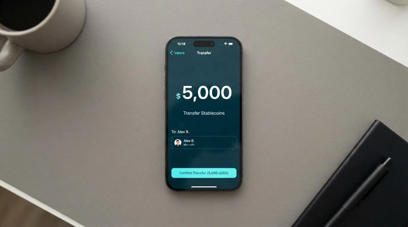 A phone showing a stablecoin transfer screen