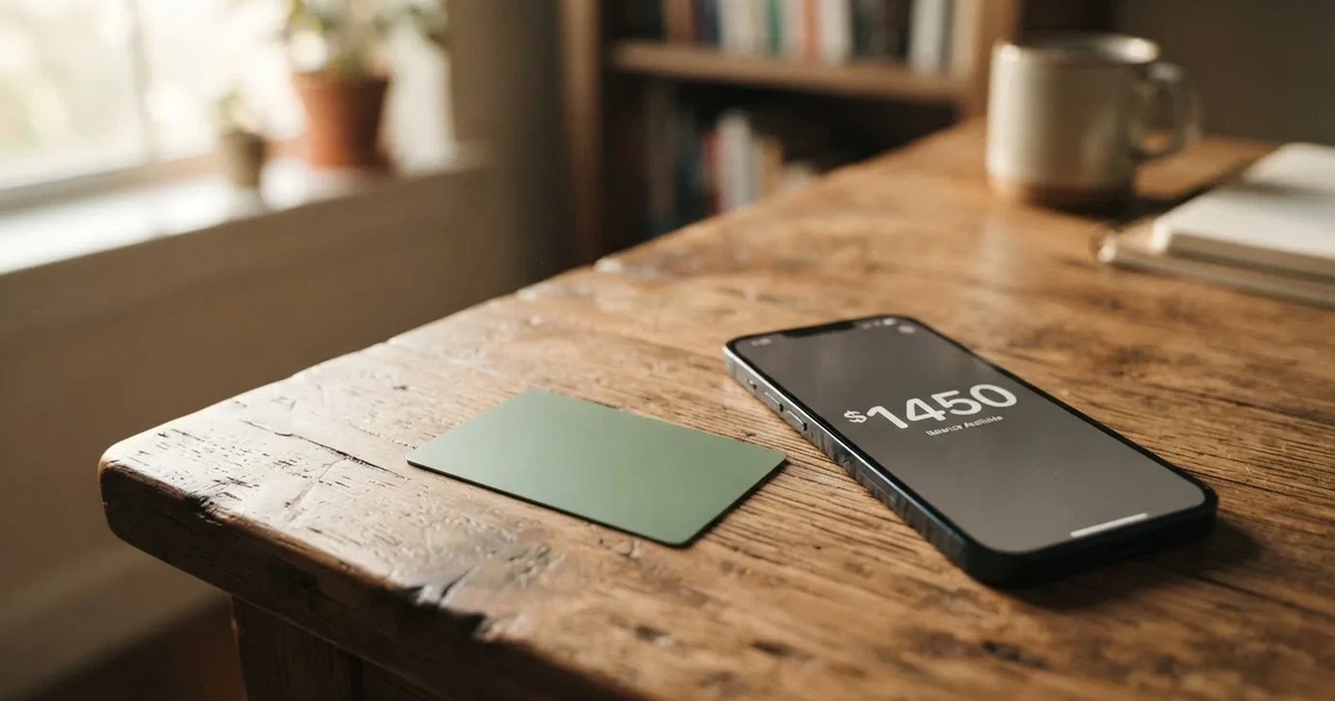 A payment card next to a phone with a crypto wallet app open