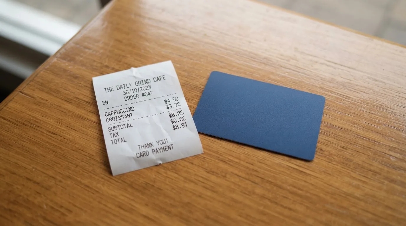 A receipt and a card on a café table