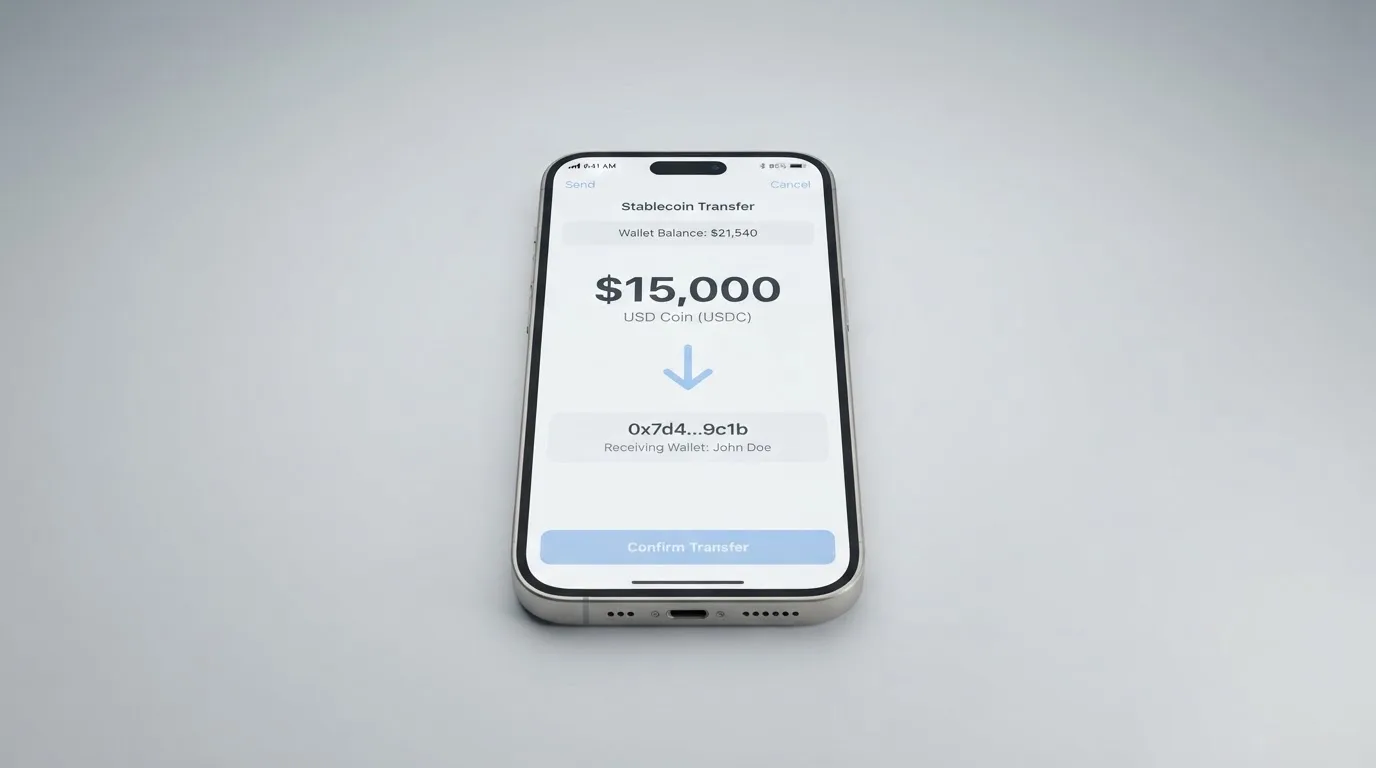 A phone showing a stablecoin transfer screen