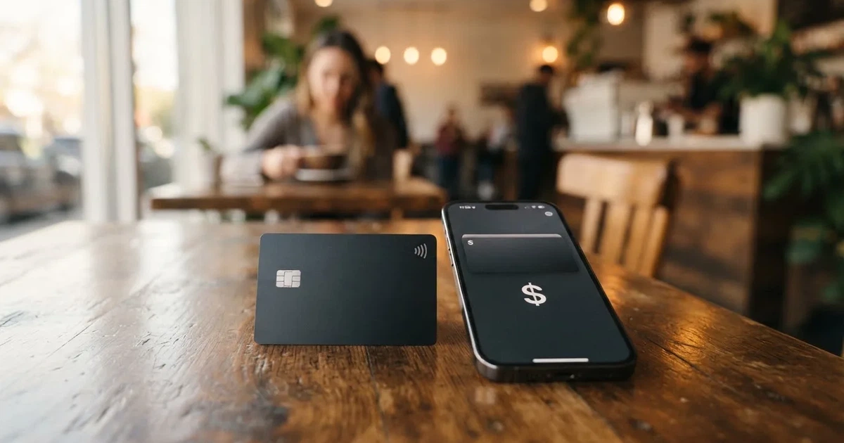 A payment card next to a phone with a crypto wallet app open