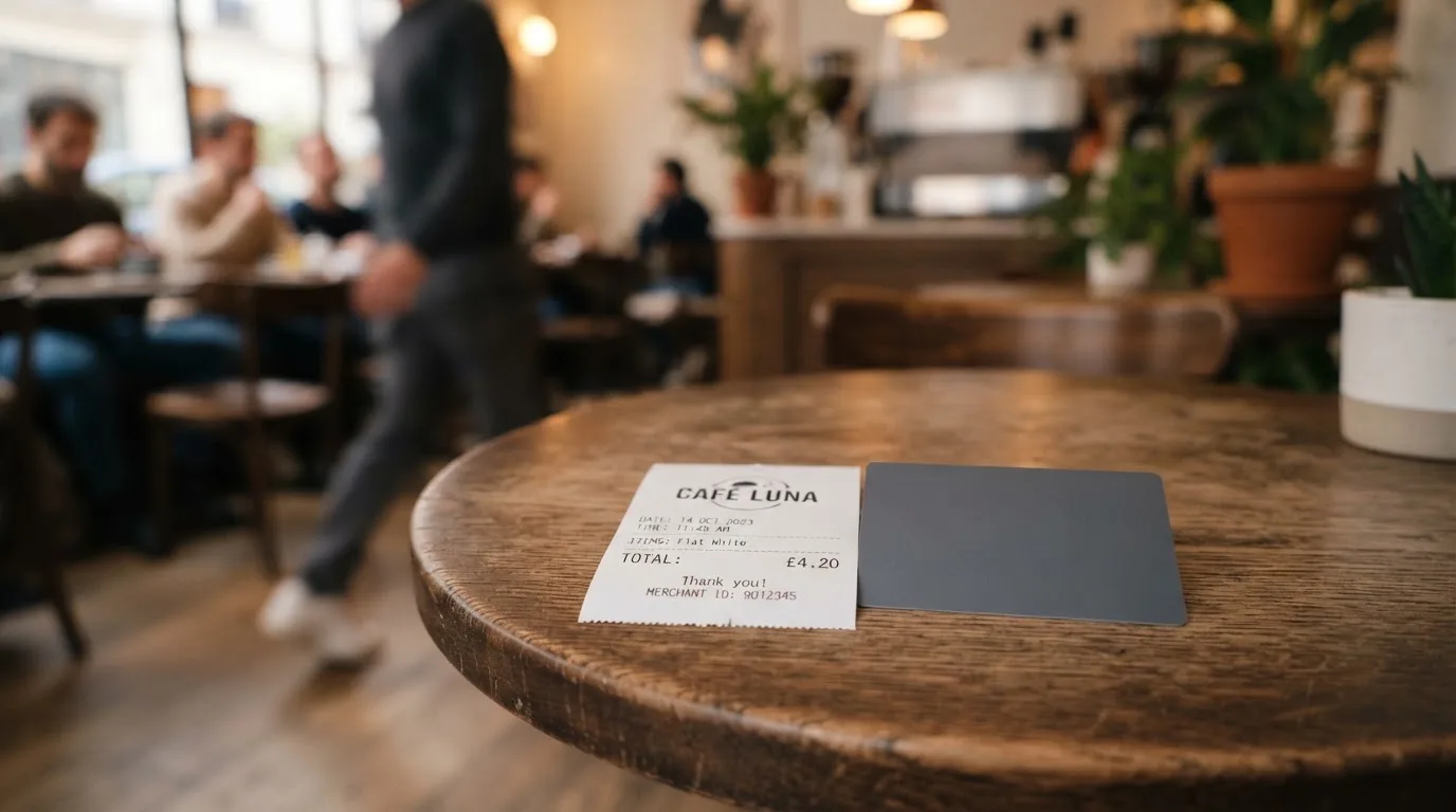 A receipt and a card on a café table