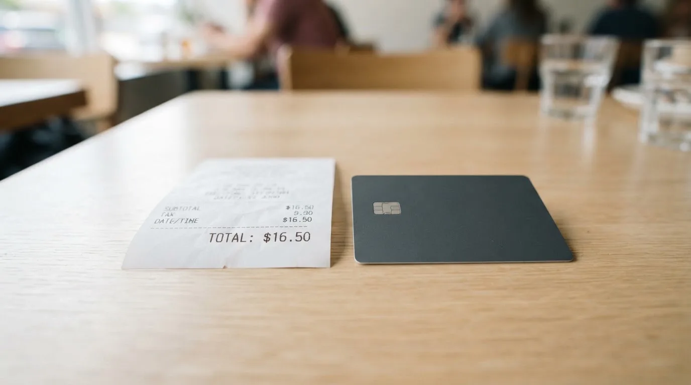 A receipt and a card on a café table