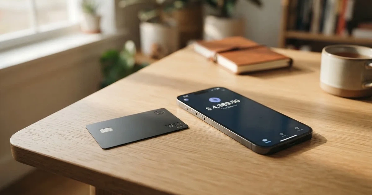 A payment card next to a phone with a crypto wallet app open