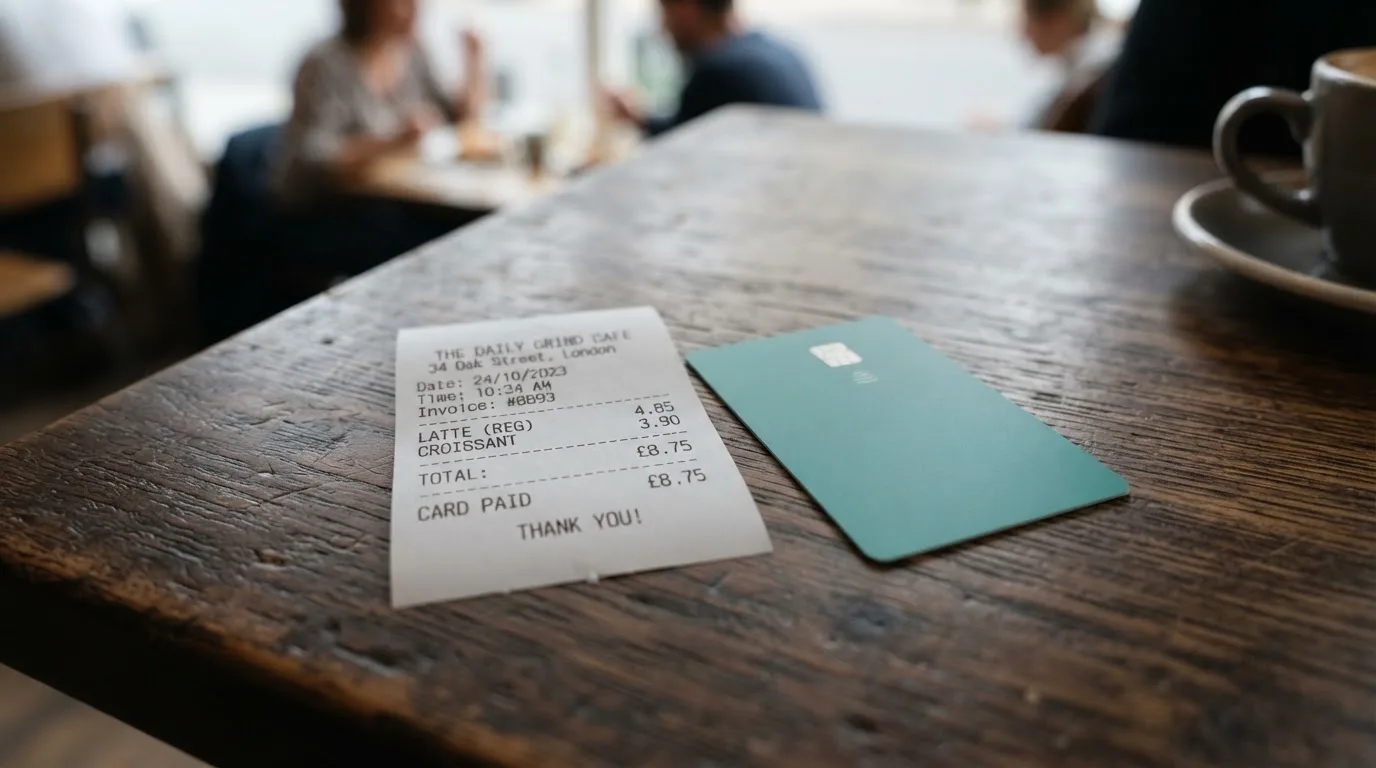 A receipt and a card on a café table