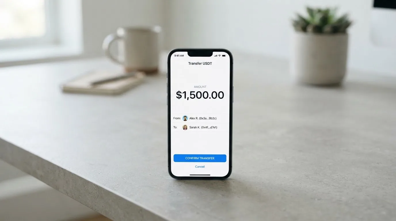 A phone showing a stablecoin transfer screen