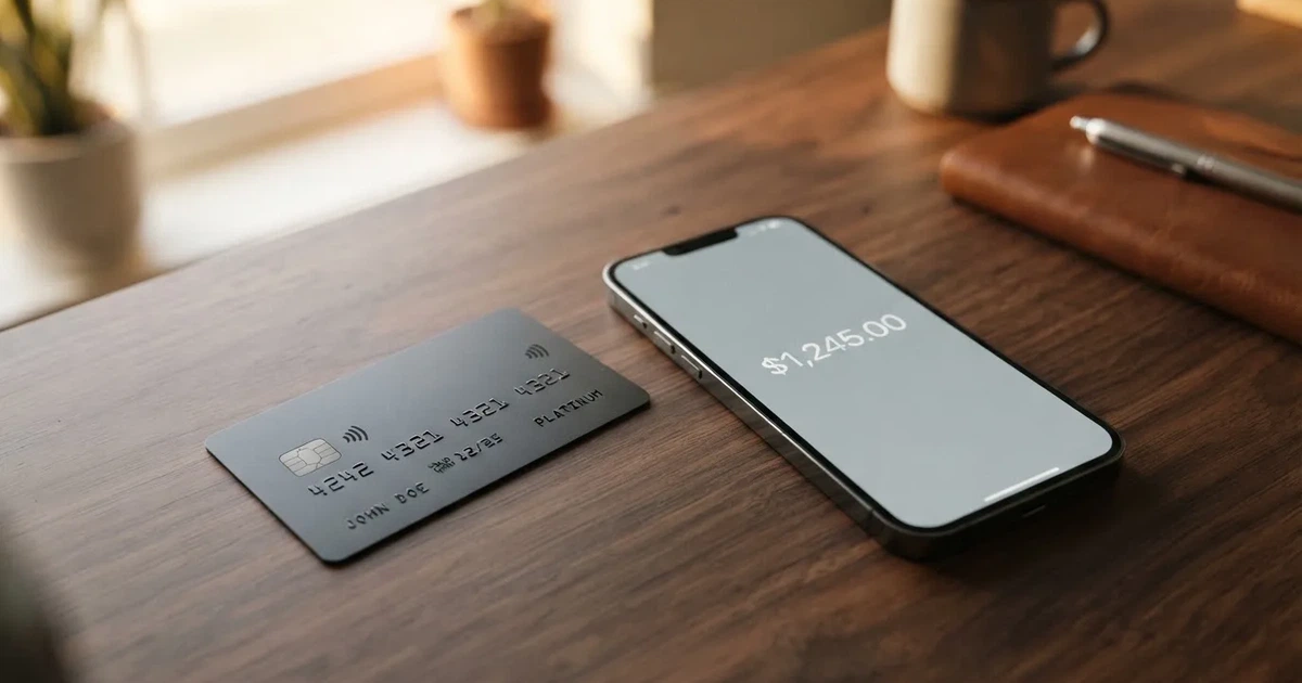 A payment card next to a phone with a crypto wallet app open
