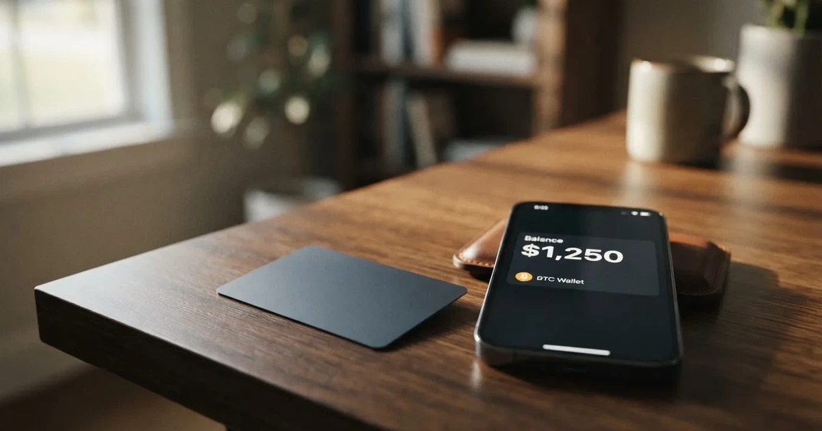 A payment card next to a phone with a crypto wallet app open