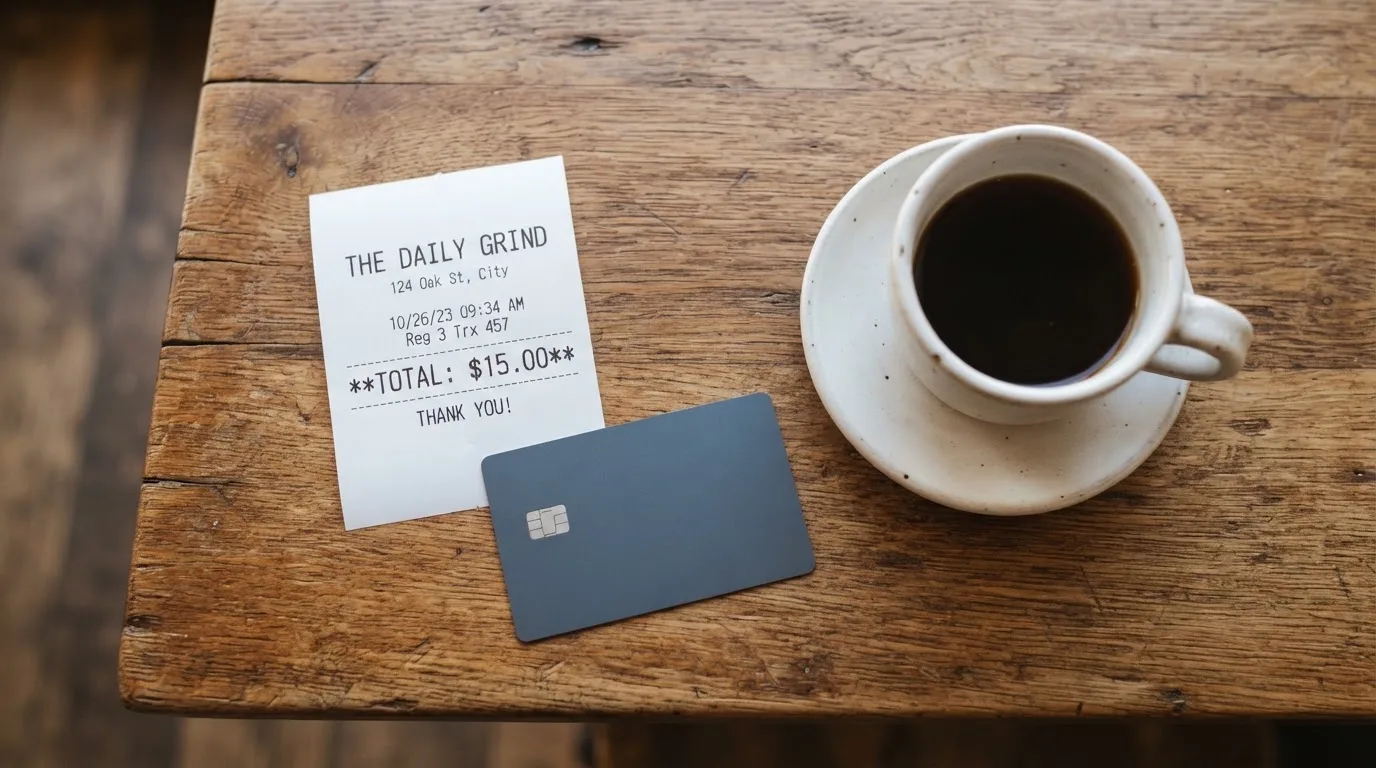 A receipt and a card on a café table