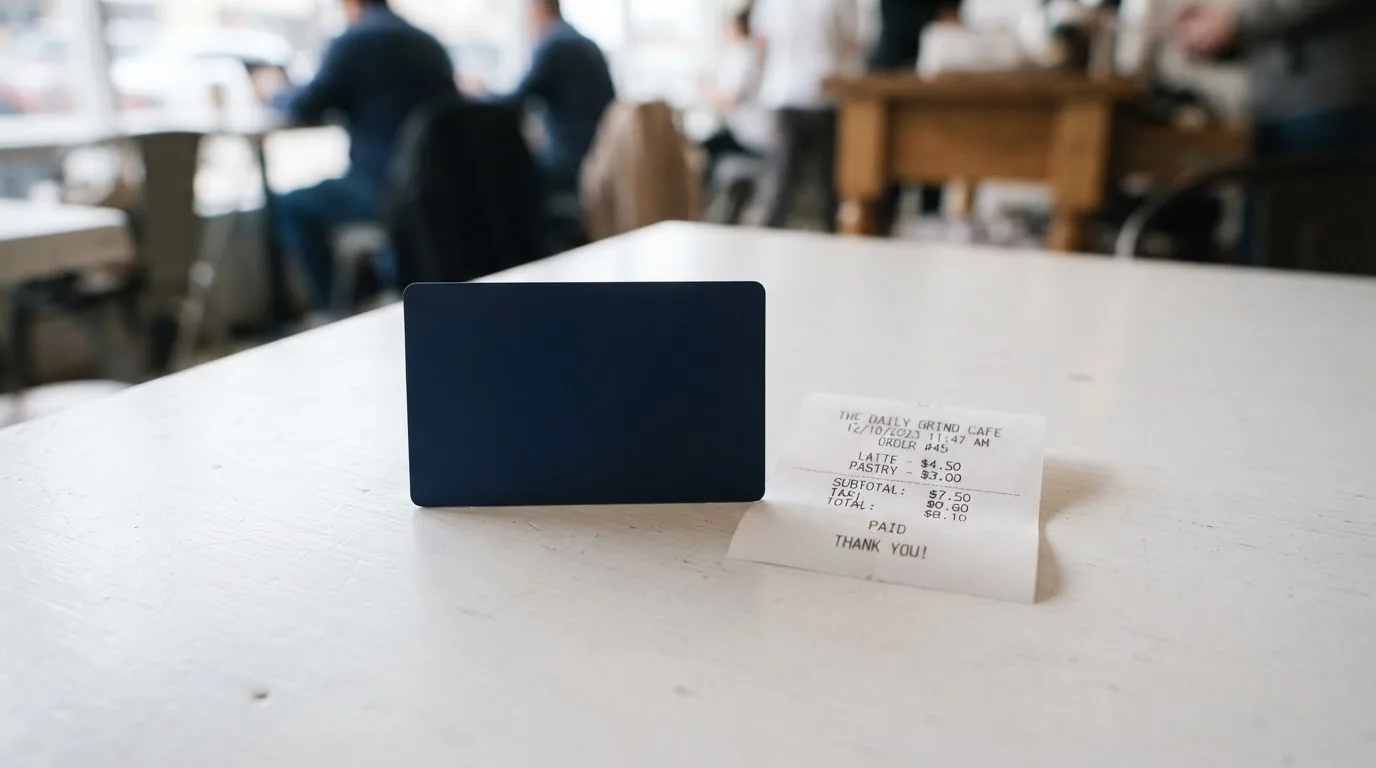 A receipt and a card on a café table