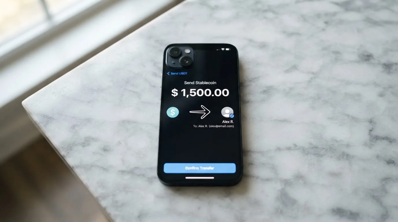 A phone showing a stablecoin transfer screen